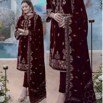 Unstitched Embroidered Velvet 3PCs With Velvet Shawl - zab970
